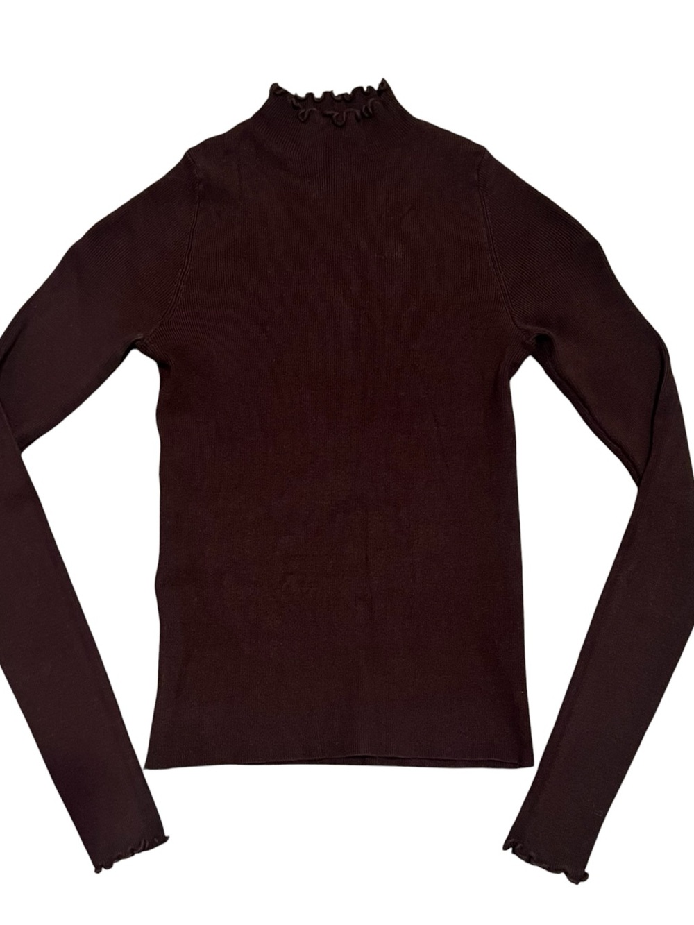 MNG Mango Brown Ribbed Mock Ruffle Turtleneck Size XS